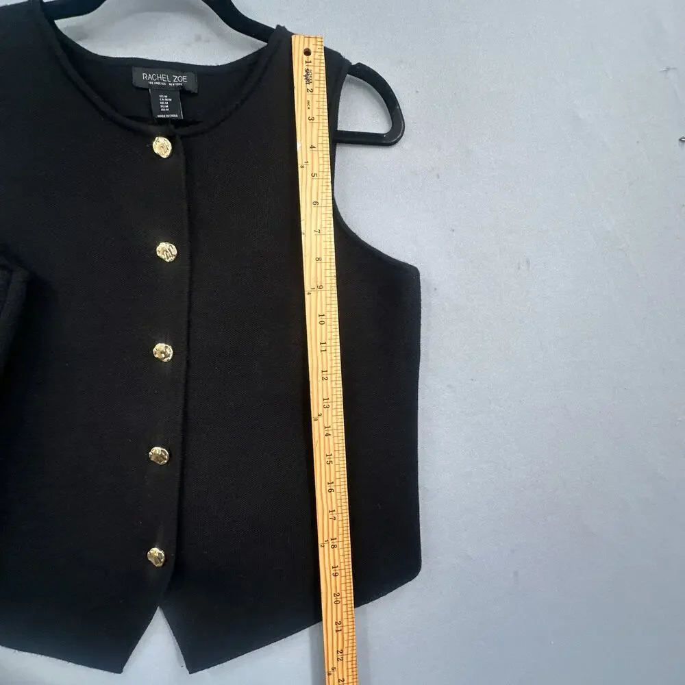 Rachel Zoe Minimalist Knit Vest M Black Gold Button Sleeveless Preppy Old Money
